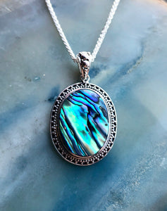 Abalone Oval Sterling Silver Pendant With Decorative Border