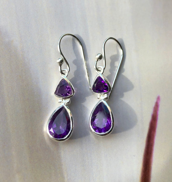 Amethyst Double Faceted Stone Earrings ~ Sterling Silver