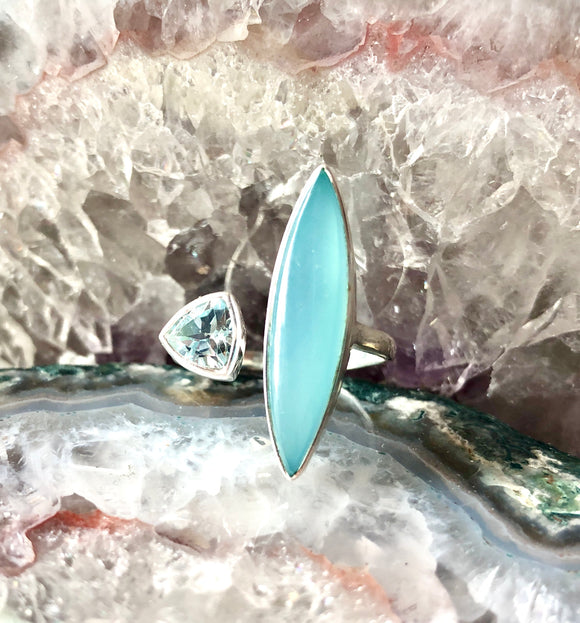 Chalcedony & Blue Topaz Marquise Ring ~ Sterling Silver