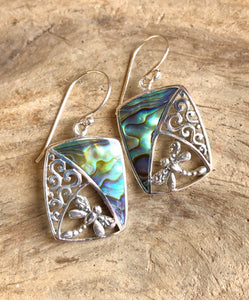 Abalone Dragonfly Filigree Square Sterling Silver Earrings