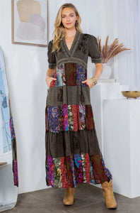 Patchwork Stone-Washed V-Neck Long Dress